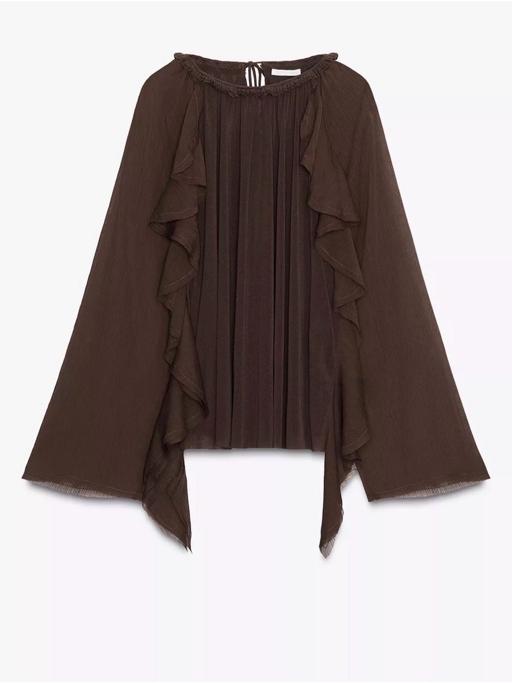 Zara Brown Ruffle Long-Sleeve Chiffon Blouse
